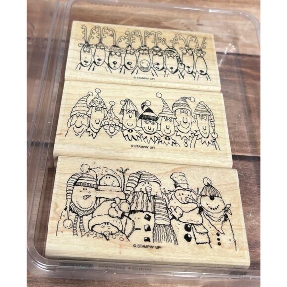 HTF 111648 Stampin Up Holiday Lineup Wood Rubber Stamp Set ELF Reindeer Snowman - Picture 1 of 5